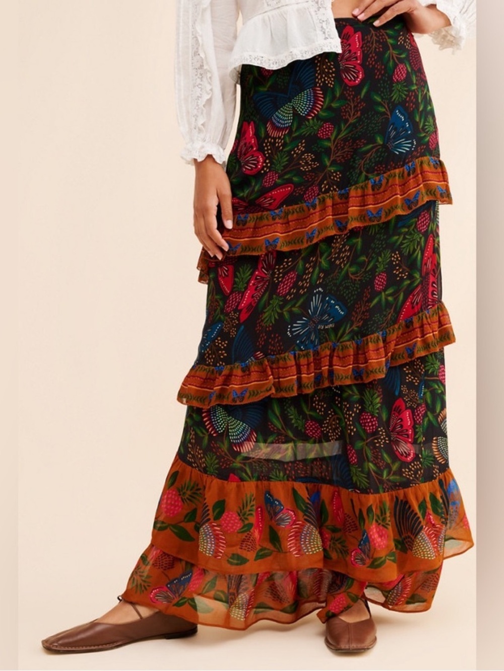 Farm Rio Gardenfly Tiered Maxi Skirt Butterfly Floral Ruffle Size Large NWT